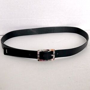 Nautica Black Leather Belt with ORAZIO Acrylic multicolor buckle EUC sz 14/16
